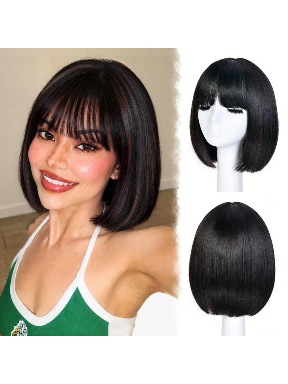 12inch Women's Dark Brown Straight Bob Wigs Synthetic Natural Looking With Bangs